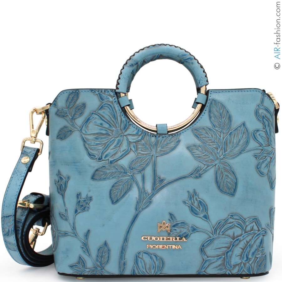 Ladies Bags Cuoieria Fiorentina | Cuoieria Fiorentina Light Blue Small Leather Bag With Embossed Roses, Made In Italy B000005567385-Celeste