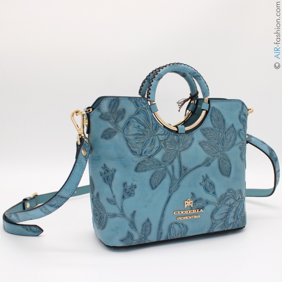 Ladies Bags Cuoieria Fiorentina | Cuoieria Fiorentina Light Blue Small Leather Bag With Embossed Roses, Made In Italy B000005567385-Celeste