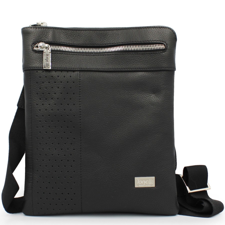 Mens Bags Tonelli Uomo | Tonelli Uomo Men'S Black Leather Small Crossbody Bag, Made In Italy 2993