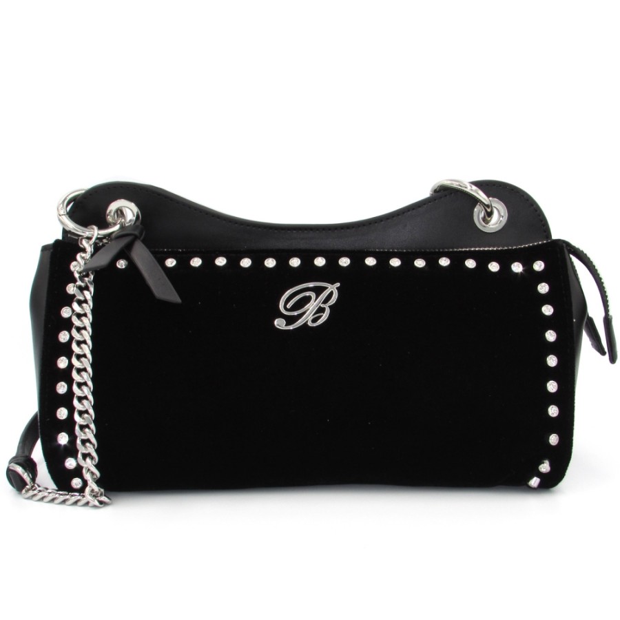 Ladies Bags Blumarine | Blumarine Shoulder Bag In Velvet And Black Leather, With Crystals B83Pwb710022999