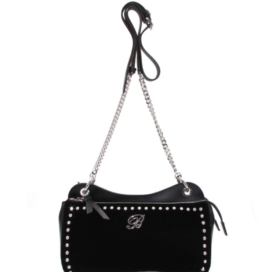 Ladies Bags Blumarine | Blumarine Shoulder Bag In Velvet And Black Leather, With Crystals B83Pwb710022999