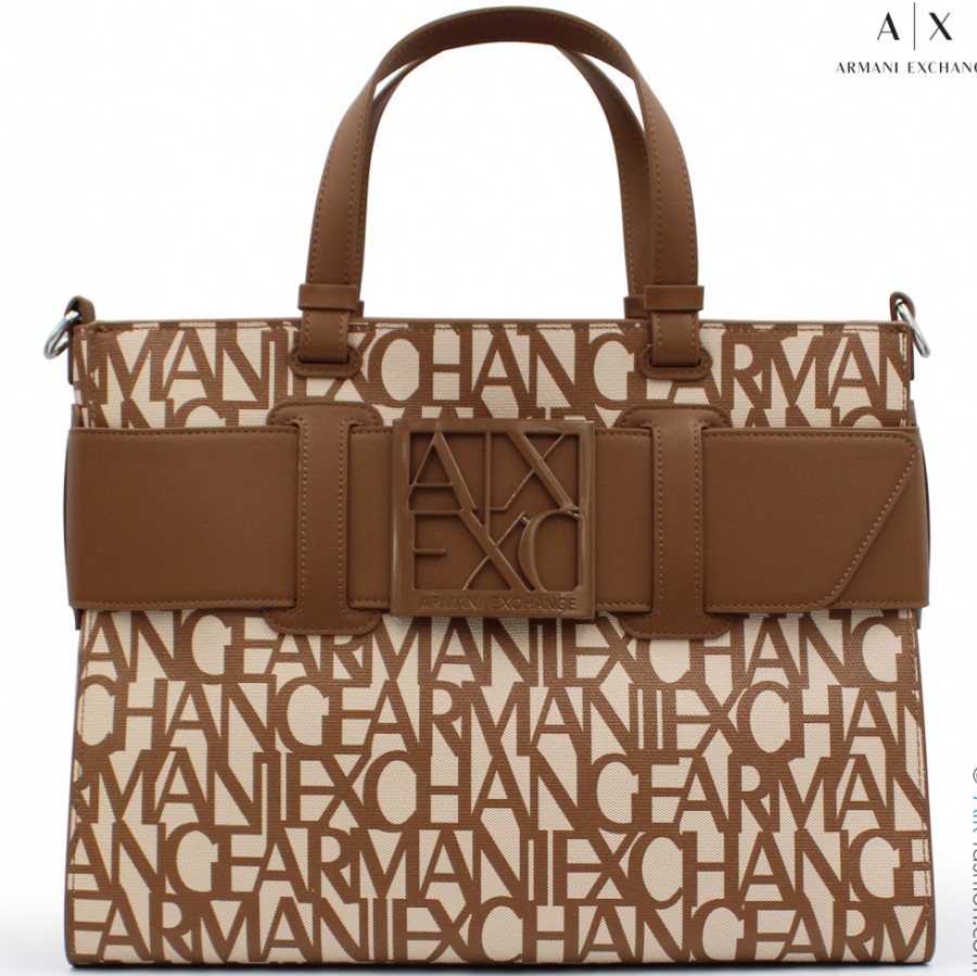 Ladies Bags Armani Exchange | Armani Exchange Handbag, With Brown-White Logos Pattern 9426893F742117511