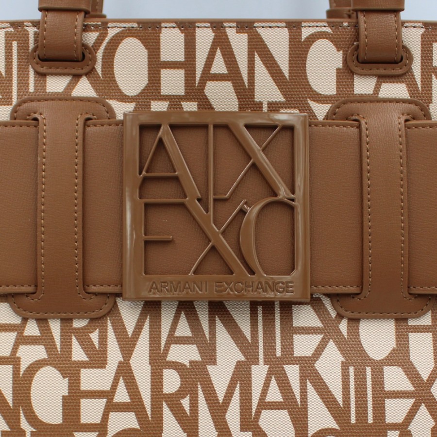 Ladies Bags Armani Exchange | Armani Exchange Handbag, With Brown-White Logos Pattern 9426893F742117511