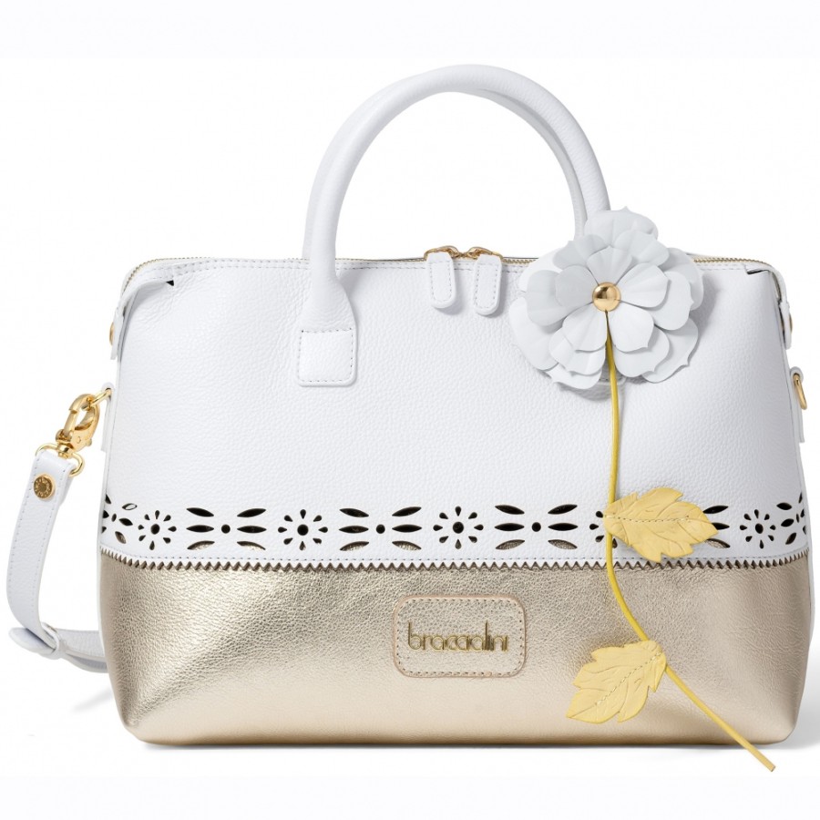 Ladies Bags Braccialini | Braccialini White & Gold Leather Handbag With Handmade Flower, Made In Italy B16642-001