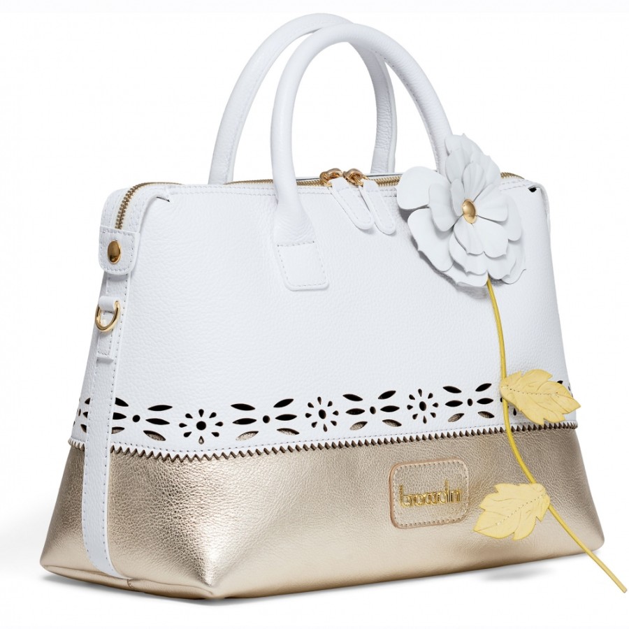 Ladies Bags Braccialini | Braccialini White & Gold Leather Handbag With Handmade Flower, Made In Italy B16642-001