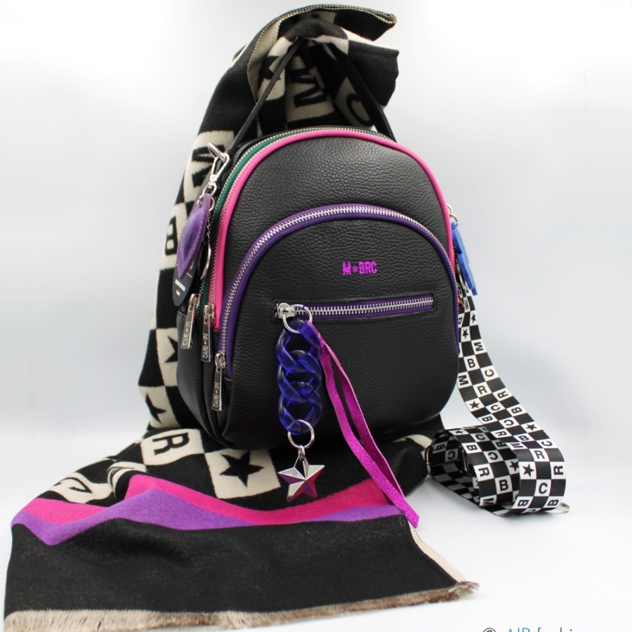 Ladies Bags M*BRC | M*Brc Black Leather Bag-Backpack + Scarf As A Gift, Made In Italy F140_Nero