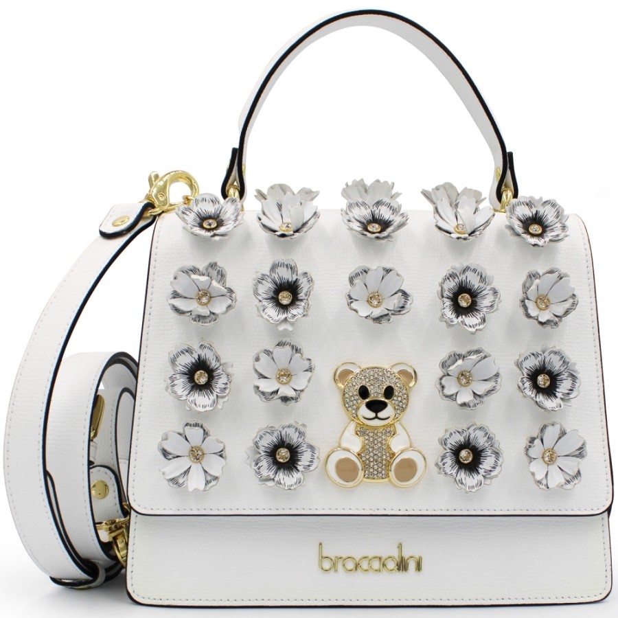 Ladies Bags Braccialini | Braccialini White Leather Flap Handbag With Flowers & Bear Applique, Made In Italy B17031