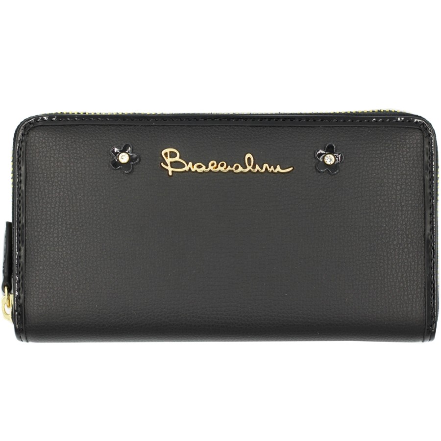 Ladies Accessories Braccialini | Braccialini Black Leather Wallet Zip Around, Decorated With Flowers B13580