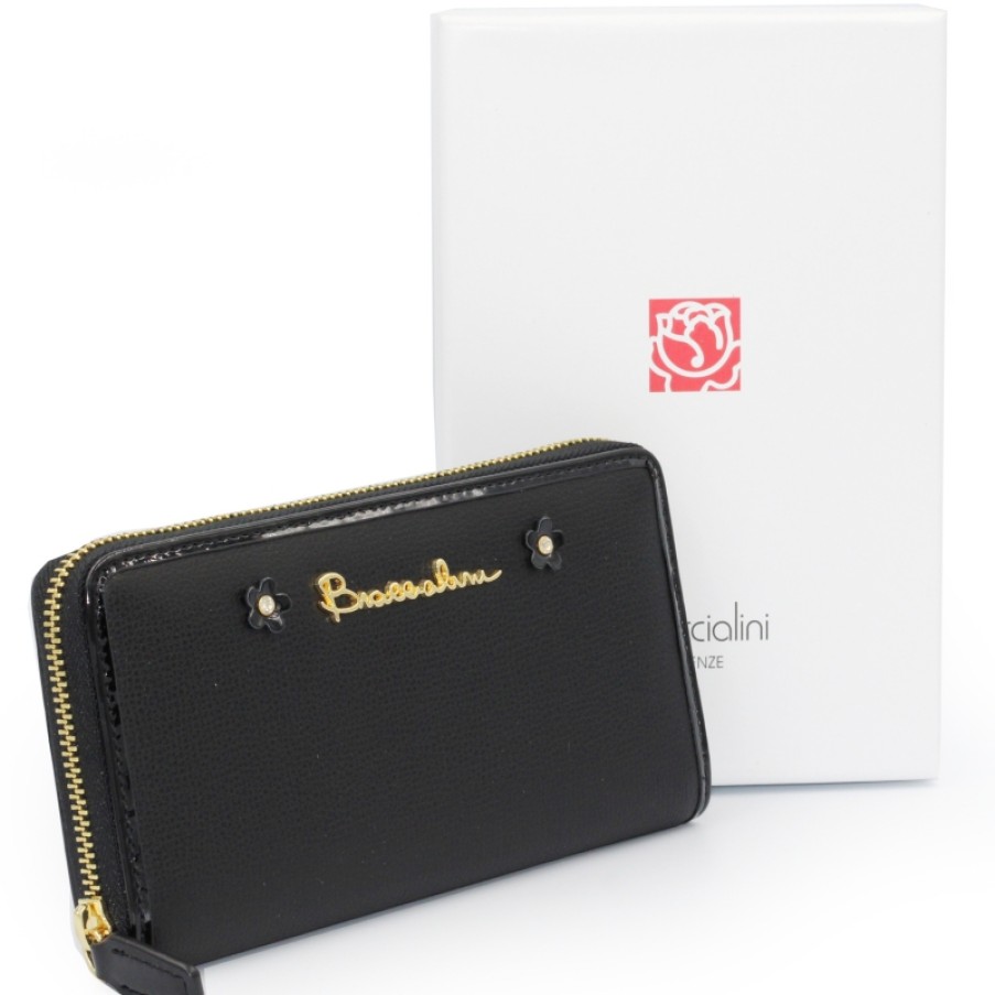 Ladies Accessories Braccialini | Braccialini Black Leather Wallet Zip Around, Decorated With Flowers B13580