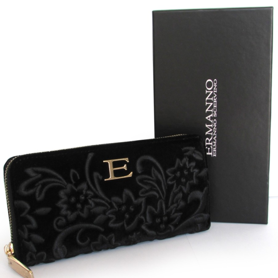 Ladies Accessories ERMANNO Ermanno Scervino | Ermanno Ermanno Scervino Women'S Black Velvet Zip Around Wallet With Embroidery 12600077