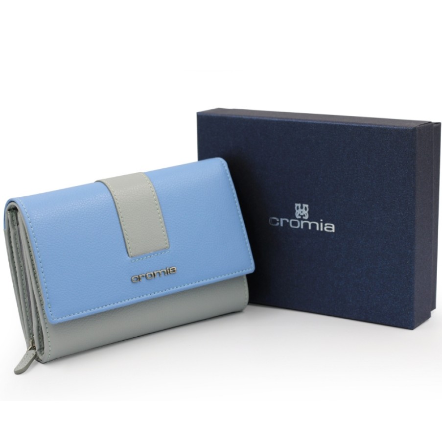 Ladies Accessories CROMIA | Cromia Women'S Grey-Blue Soft Leather Wallet Made In Italy 8051978063773