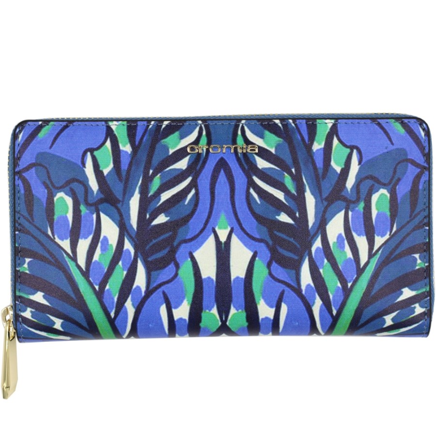 Ladies Accessories Cromia | Cromia Women'S Zip Around Wallet Of Leather With Exclusive Blue Tone Pattern 26A1182