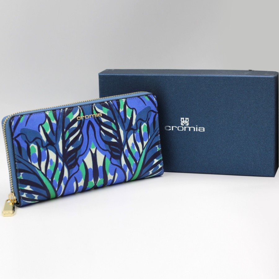 Ladies Accessories Cromia | Cromia Women'S Zip Around Wallet Of Leather With Exclusive Blue Tone Pattern 26A1182