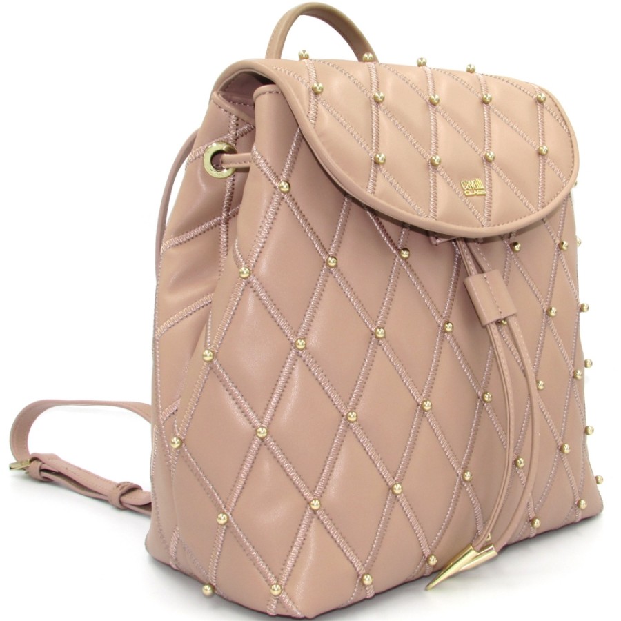 Ladies Bags Cavalli CLASS | Cavalli Class Beige Leather Backpack With Quilted Effect Decorated With Beads C83Pwcrl0065020