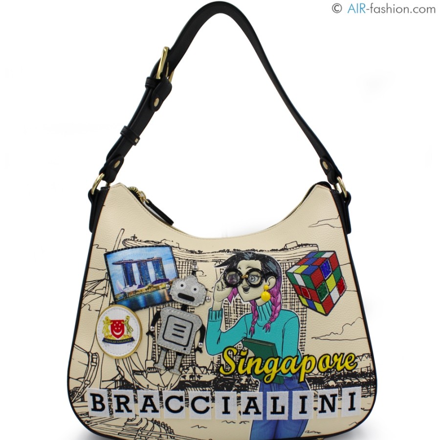 Ladies Bags Braccialini | Braccialini Postcards Shoulder Hobo Bag, Singapore Travel Themed B17376-Yy-818-Uni