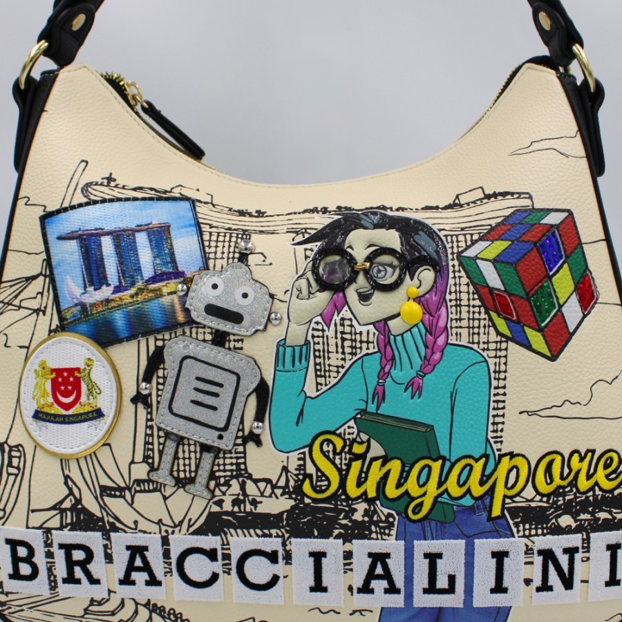 Ladies Bags Braccialini | Braccialini Postcards Shoulder Hobo Bag, Singapore Travel Themed B17376-Yy-818-Uni