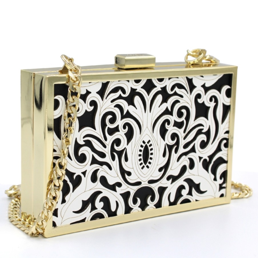 Ladies Bags Сavalli CLASS | Avalli Class Mini Clutch Bag Of Metal And Black-White Leather With Arabesque Decor C83Pwcr80012B01