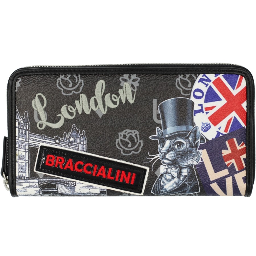 Ladies Accessories Braccialini | Braccialini Women'S Zip Around Wallet, Black With Applique, Theme: Tourist Attractions Of London B16295_126-Ca