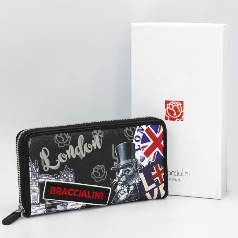 Ladies Accessories Braccialini | Braccialini Women'S Zip Around Wallet, Black With Applique, Theme: Tourist Attractions Of London B16295_126-Ca