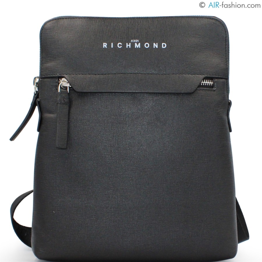 Mens Bags John Richmond | John Richmond Men'S Black Leather Modern Stylized Small Crossbody Bag Jr-B109