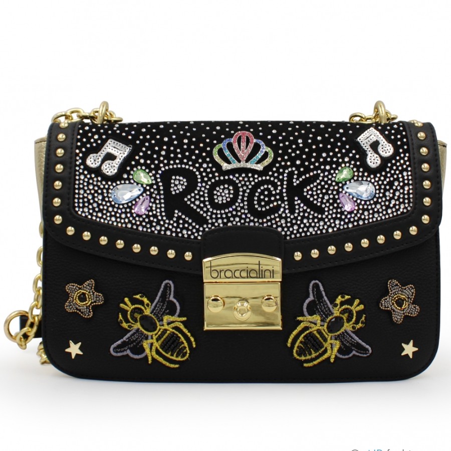 Ladies Bags Braccialini | Braccialini Rock Black & Gold Shoulder Bag With Embroidery, Crystals And Studs B17420-Yy-818-Uni