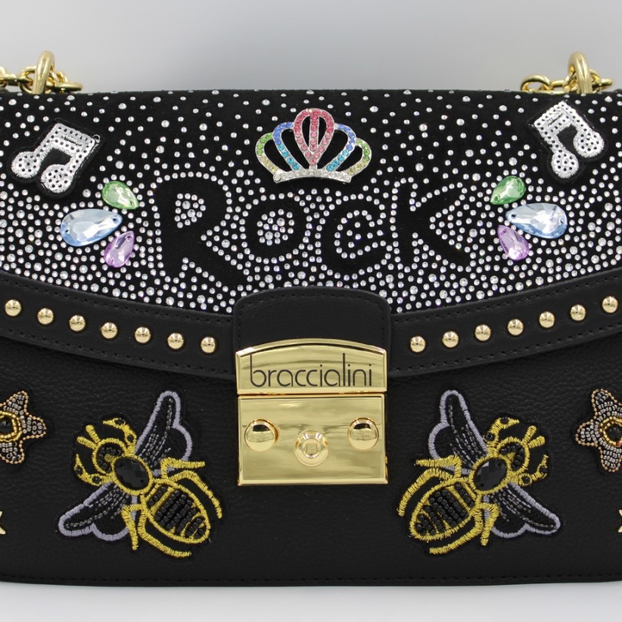 Ladies Bags Braccialini | Braccialini Rock Black & Gold Shoulder Bag With Embroidery, Crystals And Studs B17420-Yy-818-Uni