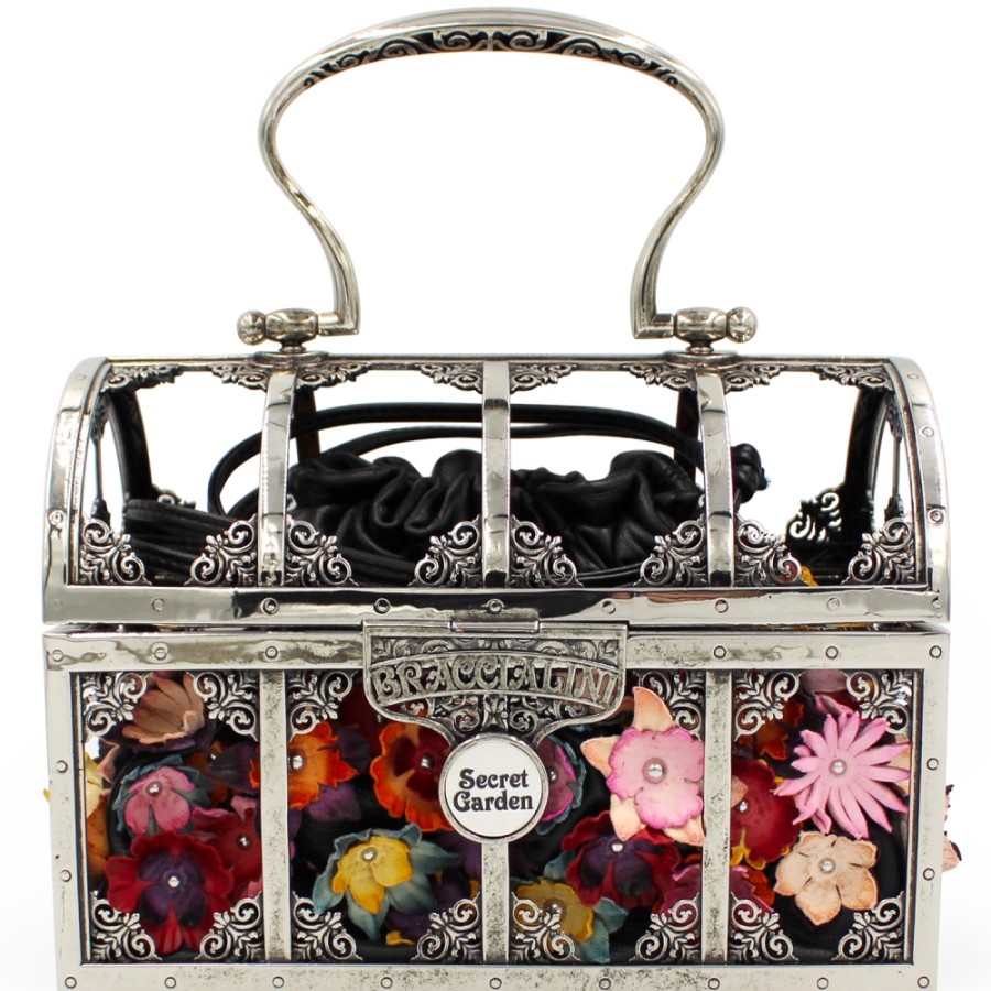 Ladies Bags Braccialini | Braccialini Greenhouse - Leather & Metal Bag In The Shape Of A Treasure Chest With Flowers B15082