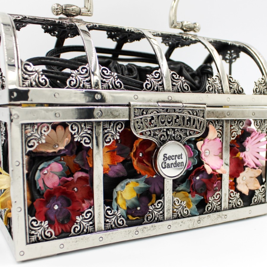 Ladies Bags Braccialini | Braccialini Greenhouse - Leather & Metal Bag In The Shape Of A Treasure Chest With Flowers B15082