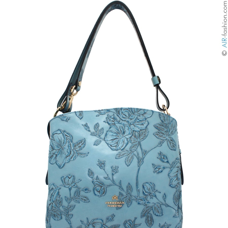 Ladies Bags Cuoieria Fiorentina | Cuoieria Fiorentina Light Blue Tuscan Leather Hobo Bag With Embossed Roses, Made In Italy B000001651385-Cel