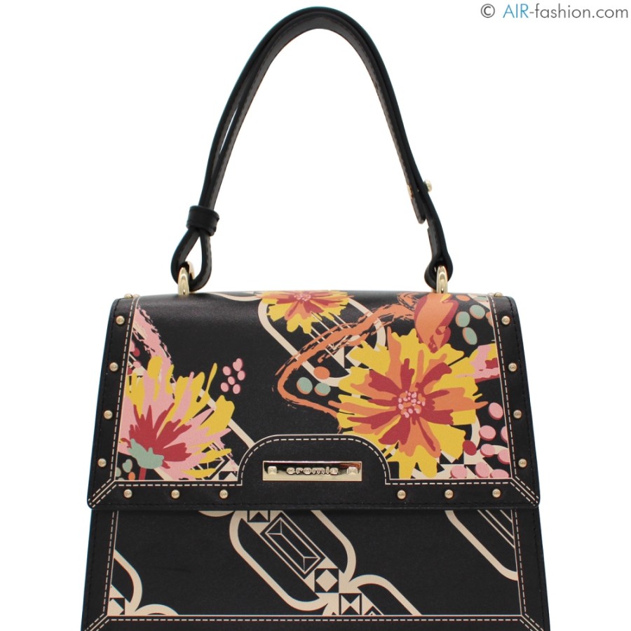 Ladies Bags Cromia | Cromia Black Leather Satchel Handbag With Floral Pattern, Made In Italy 1405519_Ne