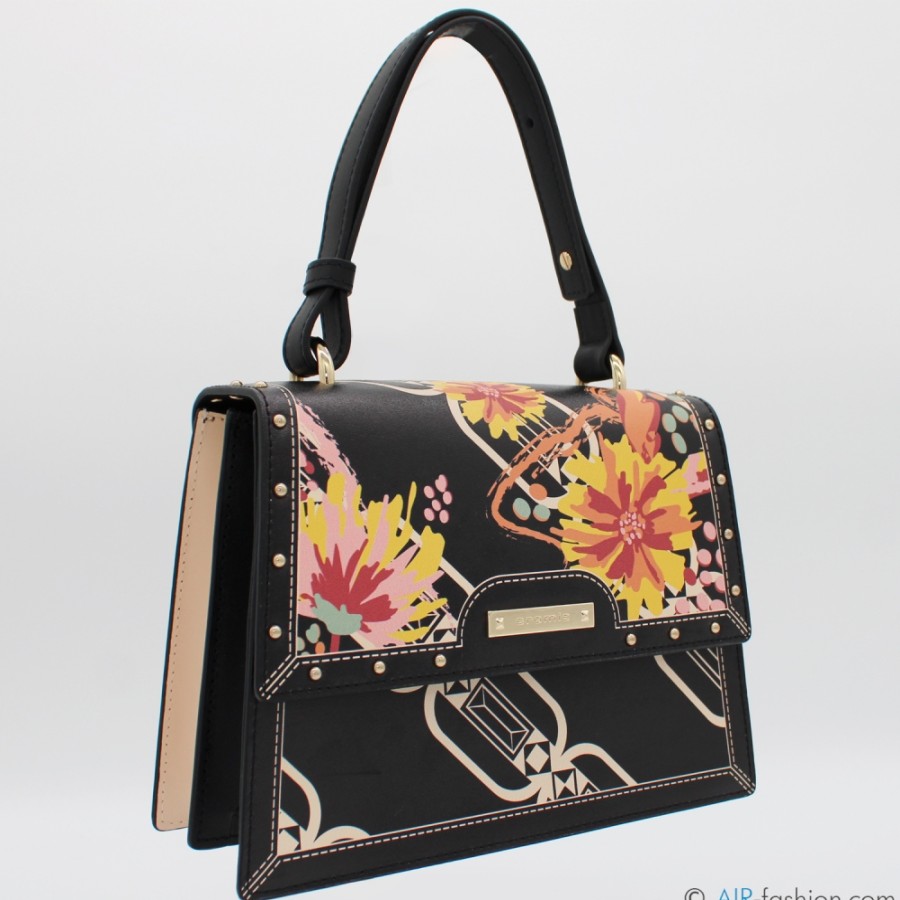 Ladies Bags Cromia | Cromia Black Leather Satchel Handbag With Floral Pattern, Made In Italy 1405519_Ne