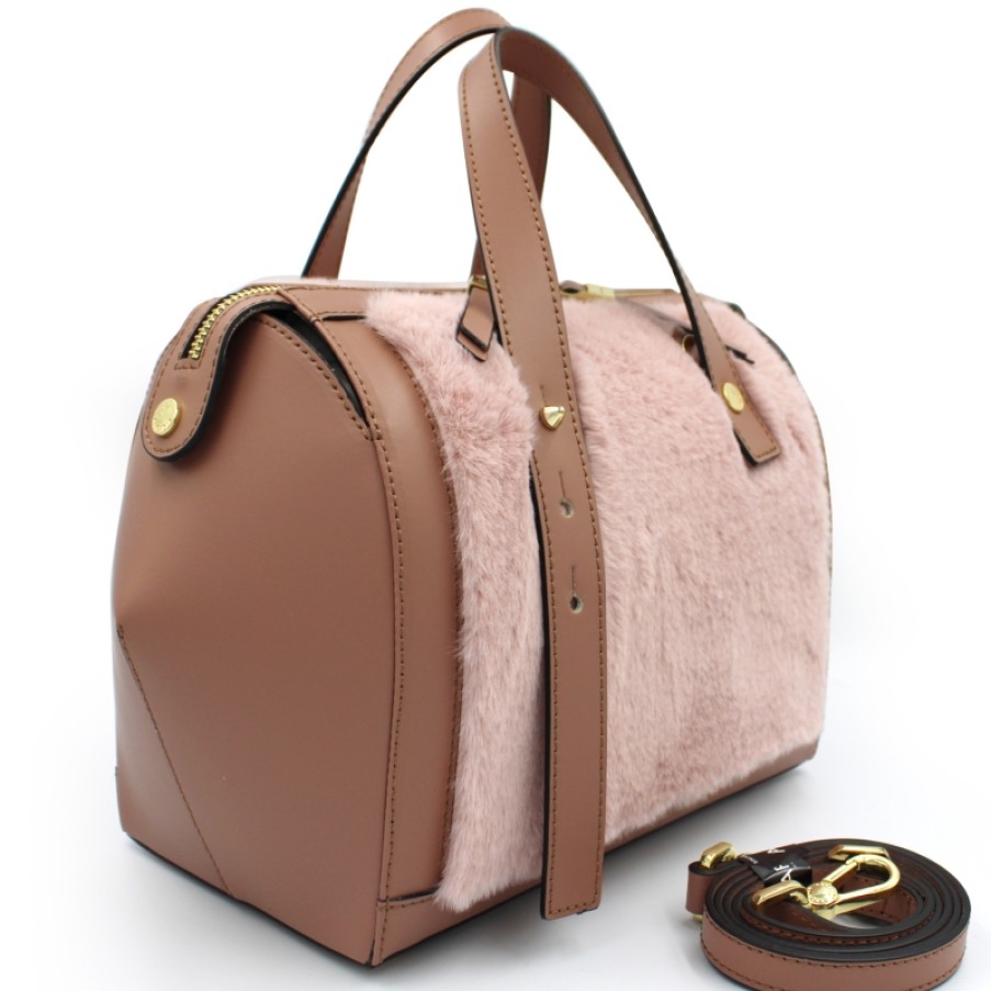 Ladies Bags ARCADIA | Arcadia Bowler Bag In The Shape Of A Geometric Sculpture Of Pink Leather And Eco-Fur 4698