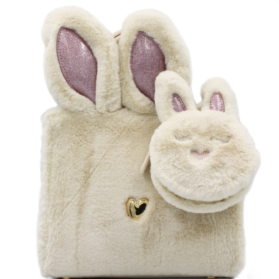 Ladies Bags Braccialini | Braccialini Creative Bag Of Beige Faux Fur In The Shape Of A Rabbit, With Plush Charm B16874