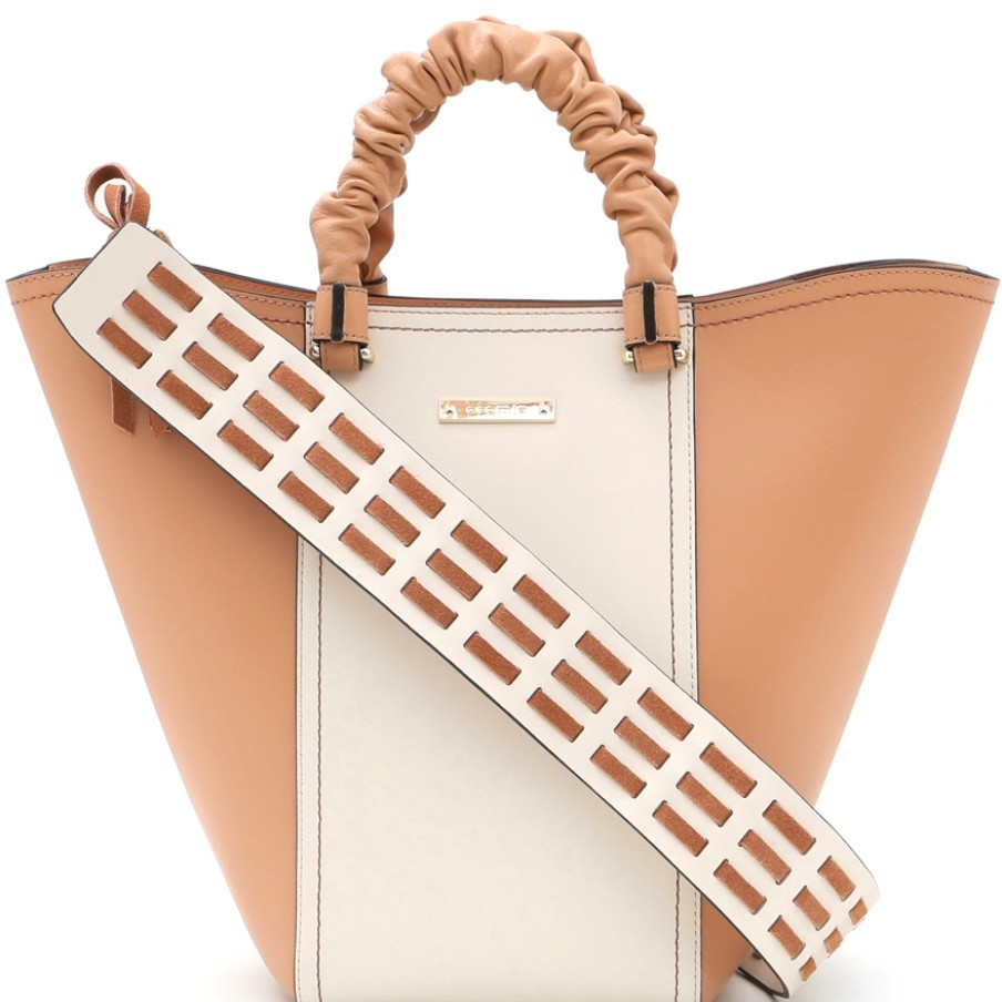 Ladies Bags Cromia | Cromia Two-Tone Smooth Leather Trapezoidal Tote Bag, Beige And Tan 1405165