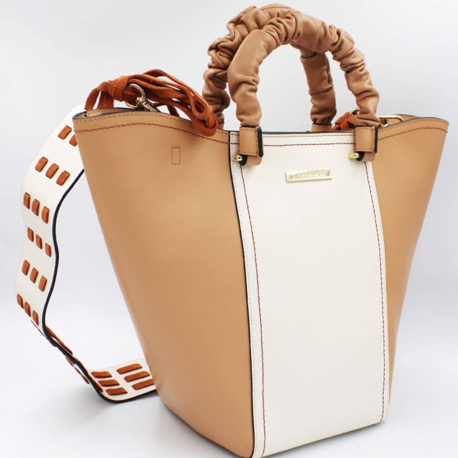 Ladies Bags Cromia | Cromia Two-Tone Smooth Leather Trapezoidal Tote Bag, Beige And Tan 1405165