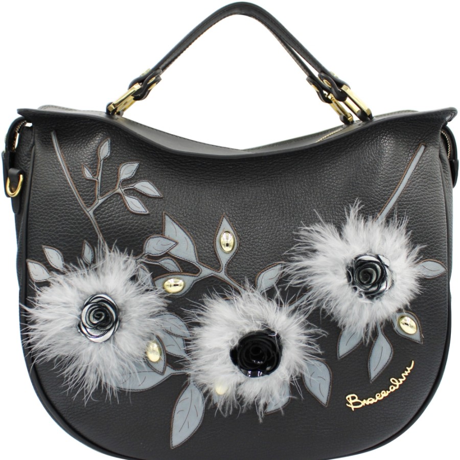 Ladies Bags Braccialini | Braccialini Black Leather Bag With Applique Of Handmade Flowers & Feather B13481