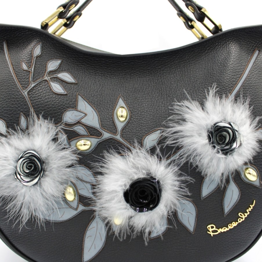 Ladies Bags Braccialini | Braccialini Black Leather Bag With Applique Of Handmade Flowers & Feather B13481