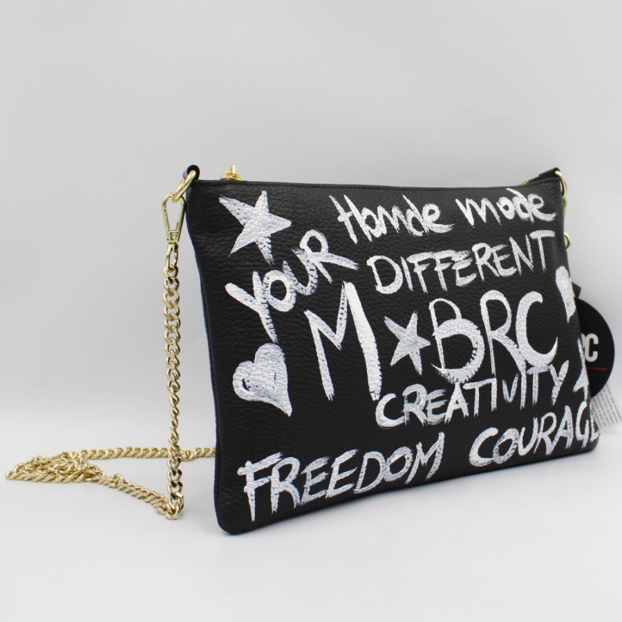 Ladies Bags M*BRC | M*Brc Clutch Bag Of Black Leather With Hand-Painted Graffiti Pattern F241_Nero