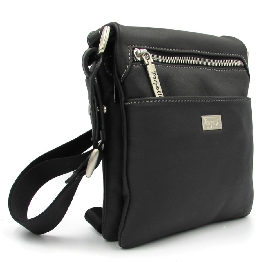 Mens Bags Tonelli Uomo | Tonelli Uomo Men'S Black Leather Crossbody Mini Shoulder Bag Made In Italy 2359