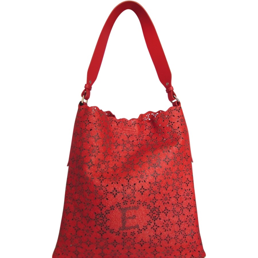 Ladies Bags ERMANNO Ermanno Scervino | Ermanno Ermanno Scervino Perforated Red Leather Hobo Bag With Vintage & Lace Effect 12400336