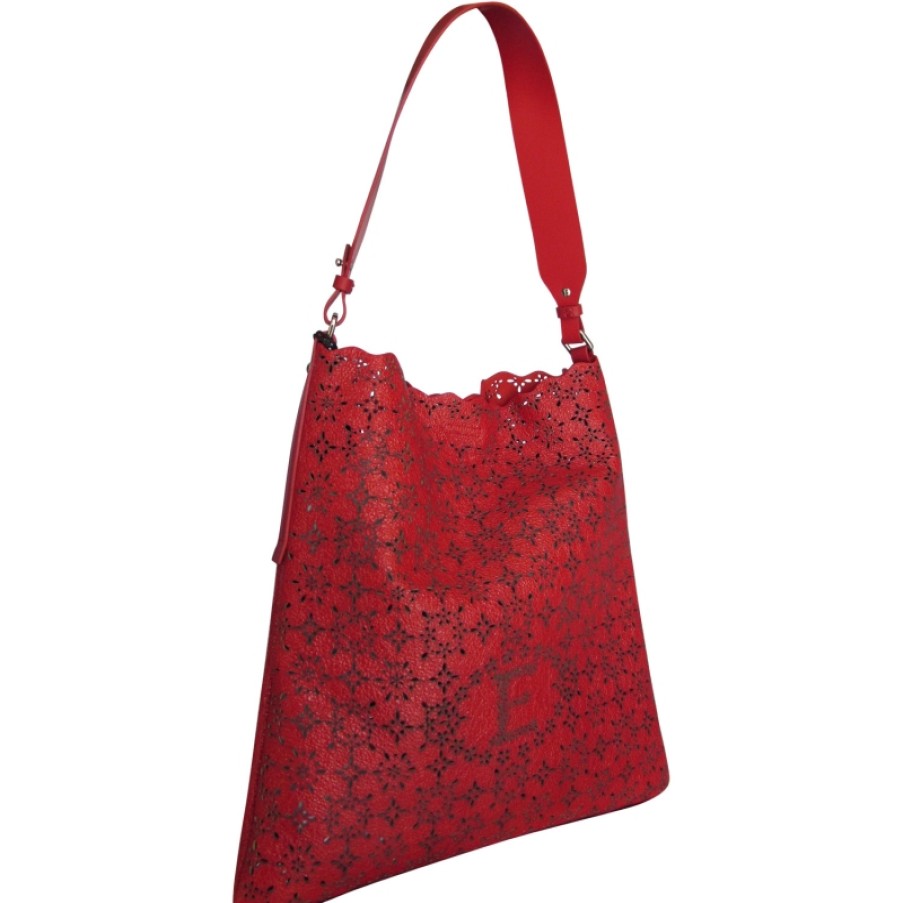 Ladies Bags ERMANNO Ermanno Scervino | Ermanno Ermanno Scervino Perforated Red Leather Hobo Bag With Vintage & Lace Effect 12400336