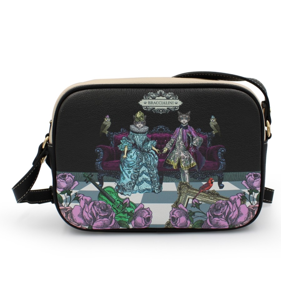 Ladies Bags Braccialini | Braccialini Black Rectangular Mini Crossbody Bag With A Colorful Renaissance-Style Print Of Cats B16104-100