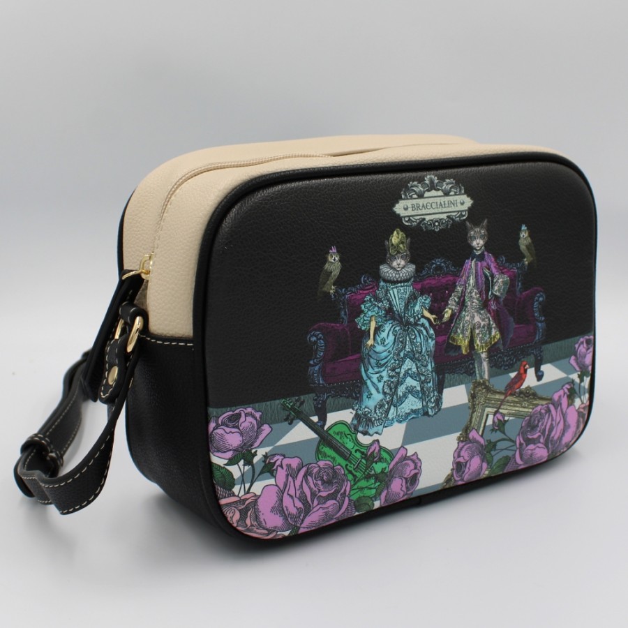 Ladies Bags Braccialini | Braccialini Black Rectangular Mini Crossbody Bag With A Colorful Renaissance-Style Print Of Cats B16104-100