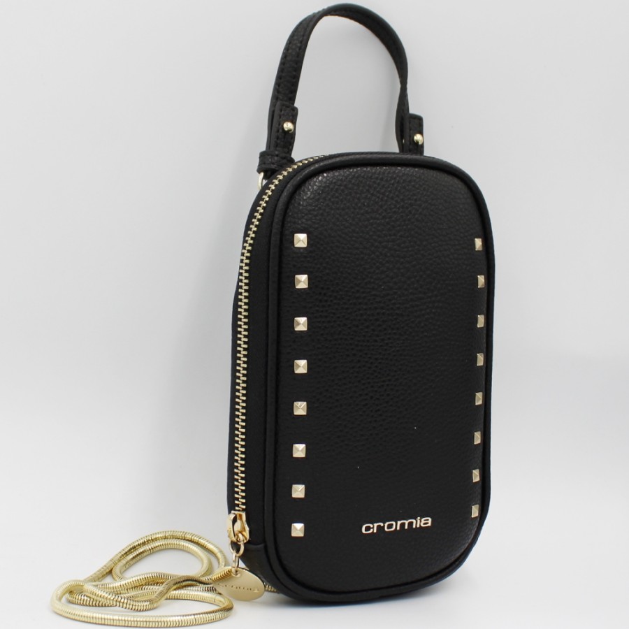 Ladies Accessories Cromia | Cromia Women'S Black Leather Bag For Mobile Phone, With Studs, Made In Italy 2600264