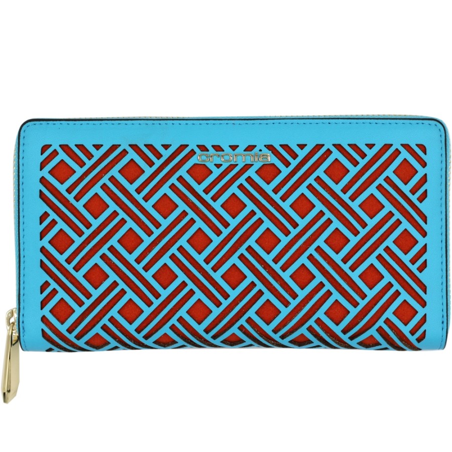 Ladies Accessories CROMIA | Cromia Fashion Exclusive Wallet Of Blue Geometric Perforated Leather & Red Leather 2641200