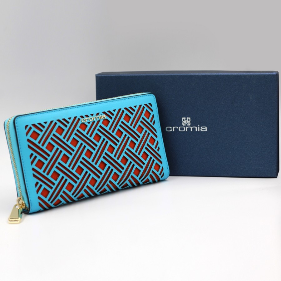 Ladies Accessories CROMIA | Cromia Fashion Exclusive Wallet Of Blue Geometric Perforated Leather & Red Leather 2641200