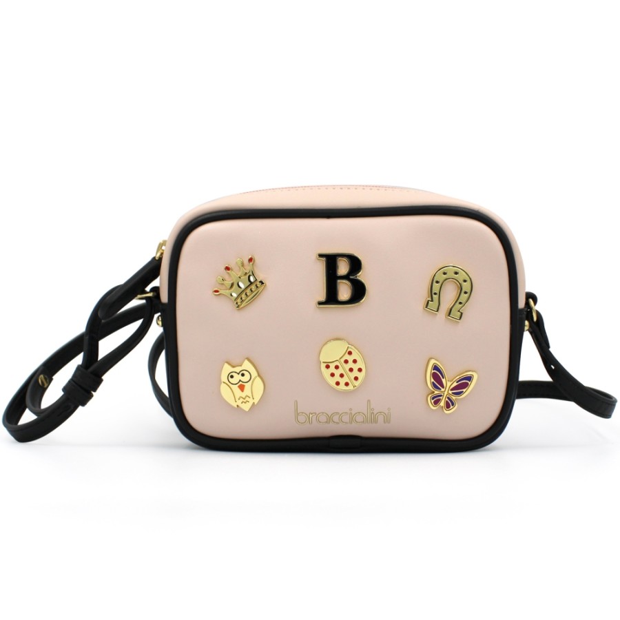 Ladies Bags Braccialini | Braccialini Pink Mini Crossbody Shoulder Bag With Metal Figures Applique B14367