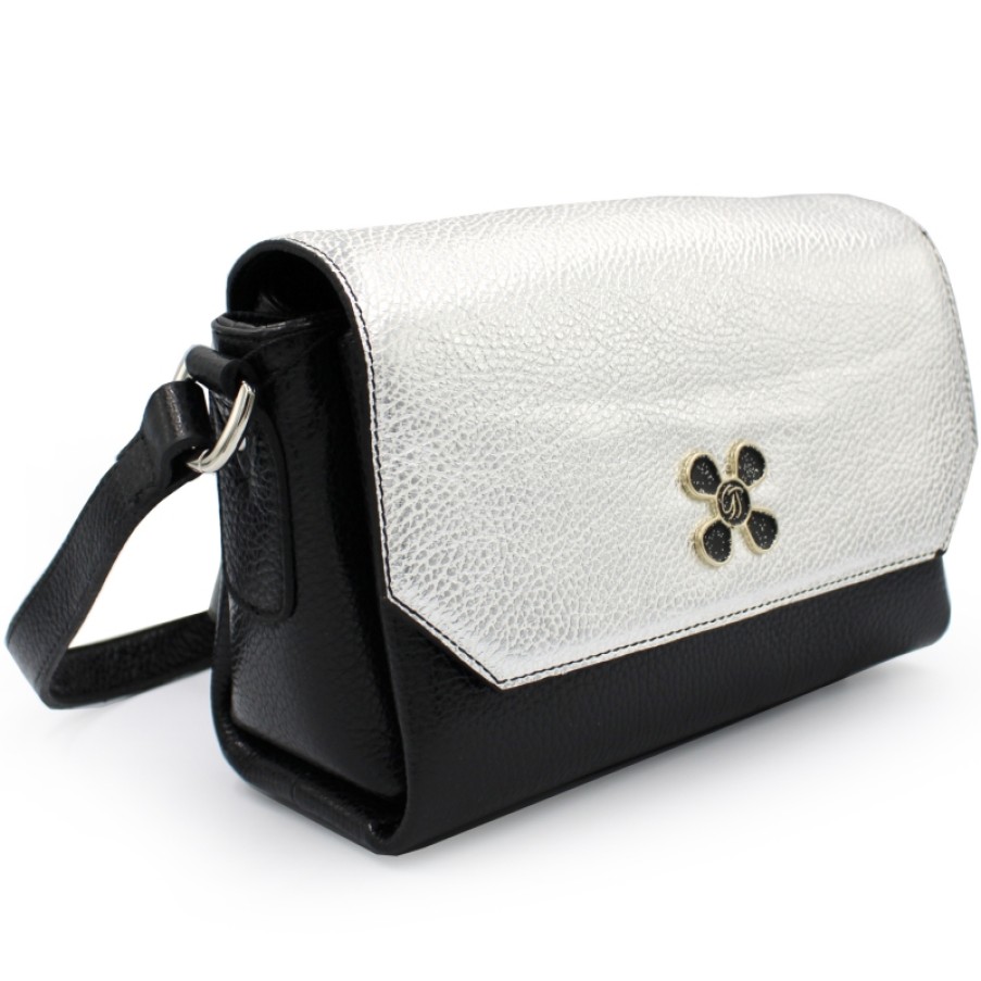 Ladies Bags Gilda Tonelli | Gilda Tonelli Black & Silver Leather Fashion Crossbody Small Messenger Bag Made In Italy 6233