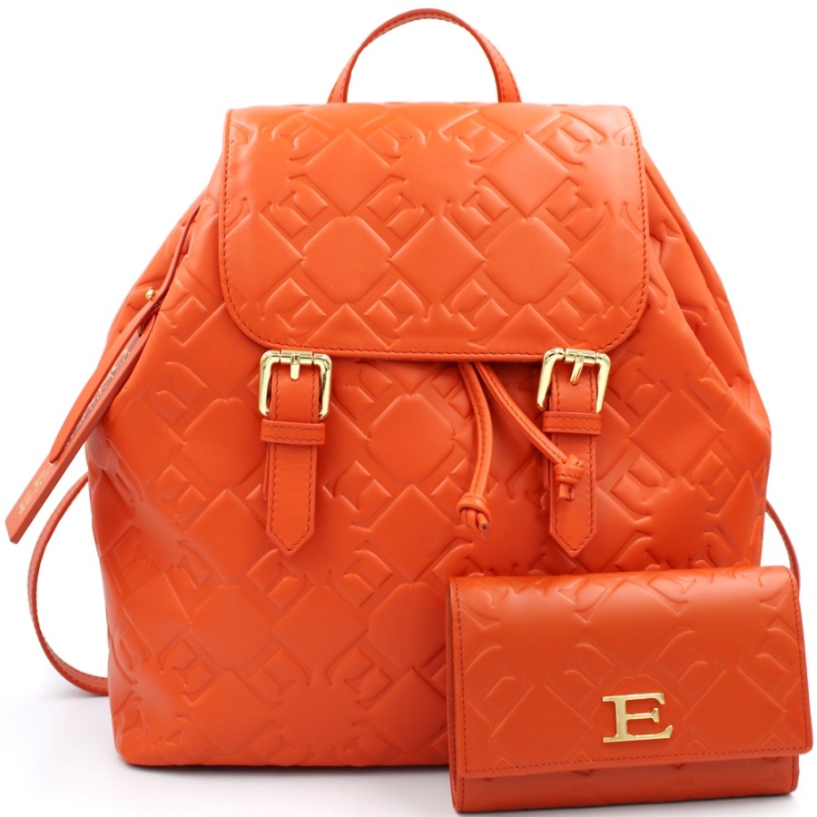 Ladies Bags ERMANNO Ermanno Scervino | Ermanno Ermanno Scervino Designer Backpack With Matching Wallet Of Orange Leather With Monograms 12400779E12600181