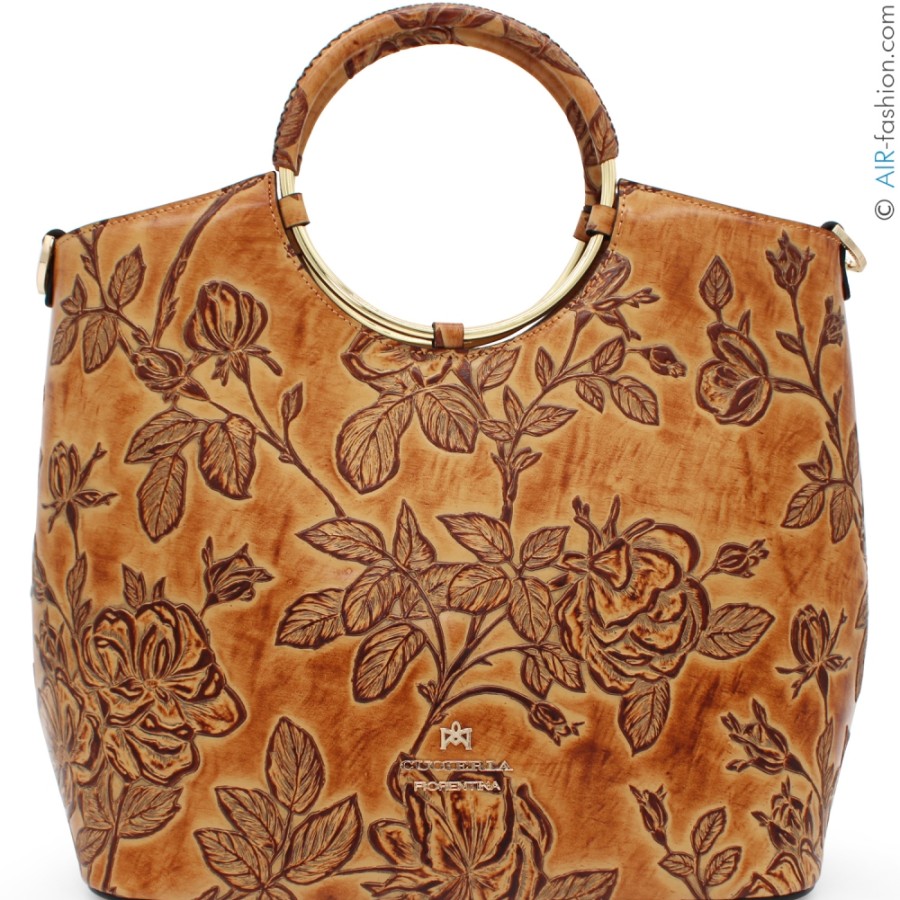 Ladies Bags Cuoieria Fiorentina | Cuoieria Fiorentina Beige-Ochre Tuscan Leather Tote Bag With Floral Pattern, Made In Italy B000005569385